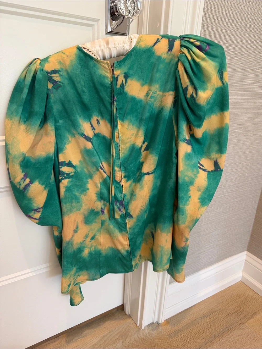 Ulla Johnson Green and Yellow Tie-Dye Puff Sleeve Blouse